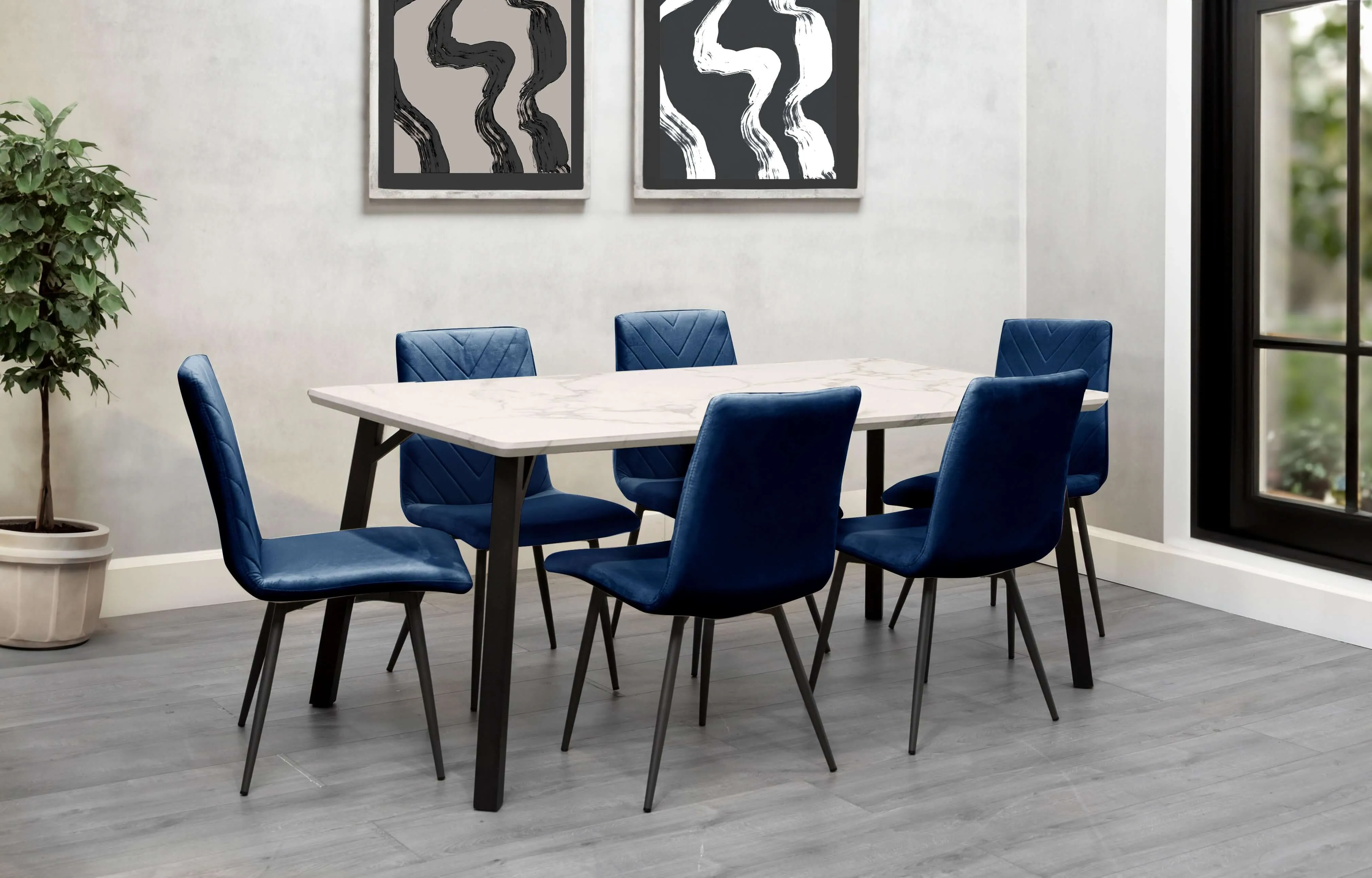 Marble Effect Table 1.8m & 6 x Blue Velvet Chairs