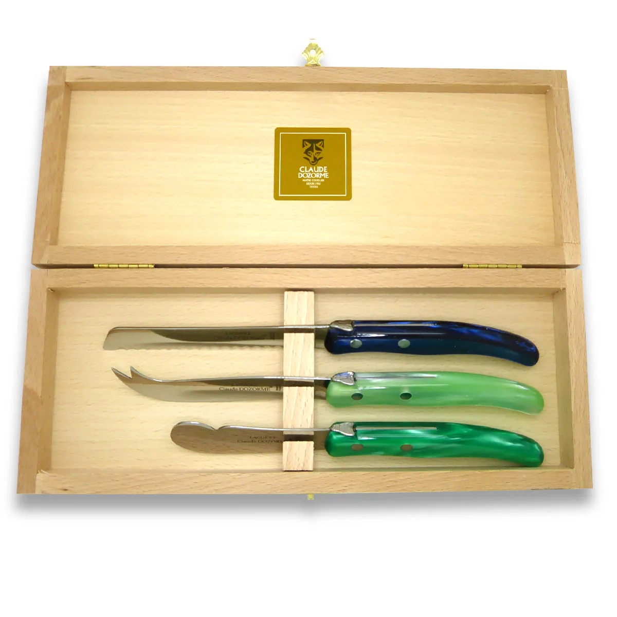 NEW Claude Dozorme Three Piece Laguiole Knife Gift Set Green Blue