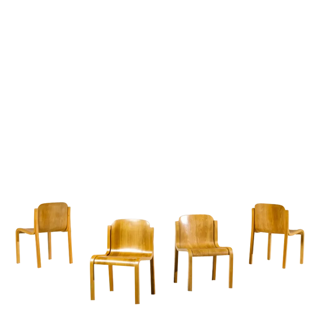 Set 1969 Carlo Bartoli : four bent plywood Mito dining chairs, Italy