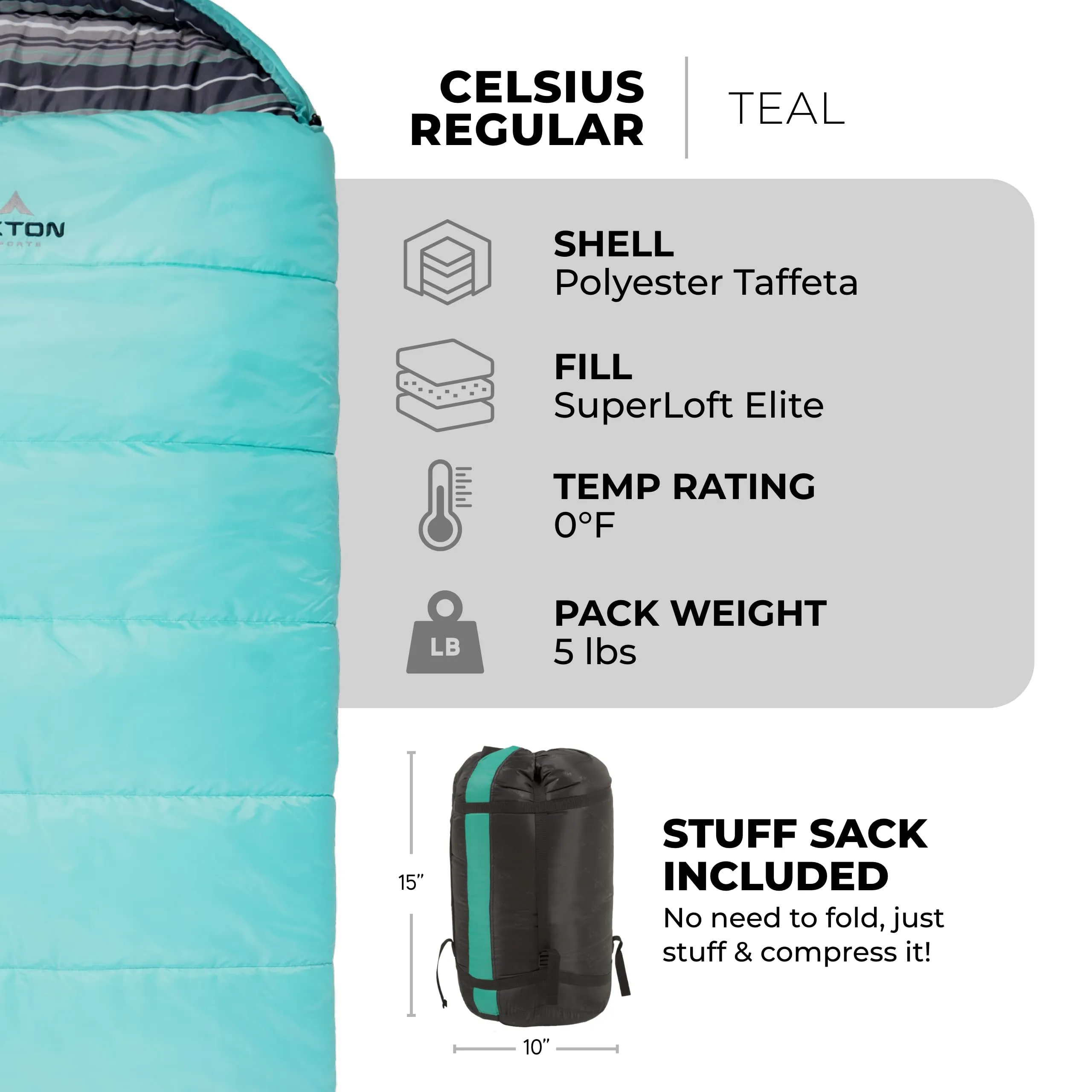 TETON Sports Celsius Regular, 0 Degree Sleeping Bag, All Weather Bag for Adults and Kids Camping Made Easy and Warm Compression Sack Included