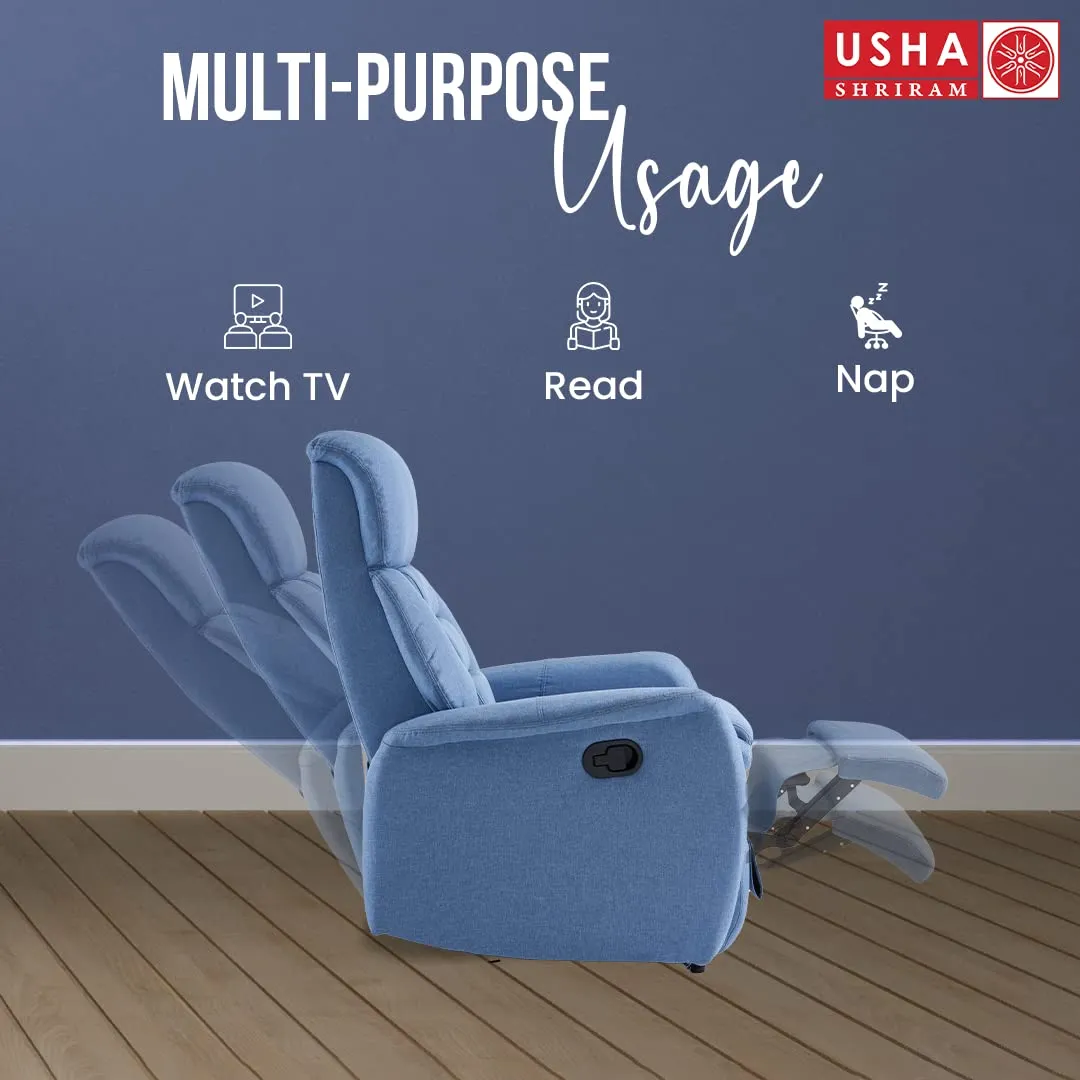 USHA SHRIRAM Fabric Recliner Sofa | Manual Recliner | Extra Comfortable | Recliner Sofa 1 Seater | Recliner Chair | Single Seater Sofa Chair | Rocking Recliner Chair | Relaxing Sofa Chair | Blue