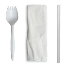 White Spork, Straw & Napkin Wrapped, 3 Piece Kit 1000kits/ctn
