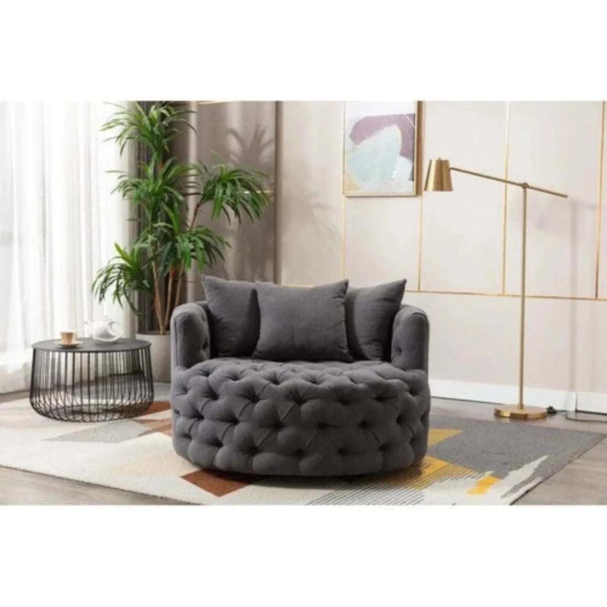 Wooden Twist Barrel Button Tufted Design Modern Round Sofa Cuddle Chair For Living Room with 3 Pillows