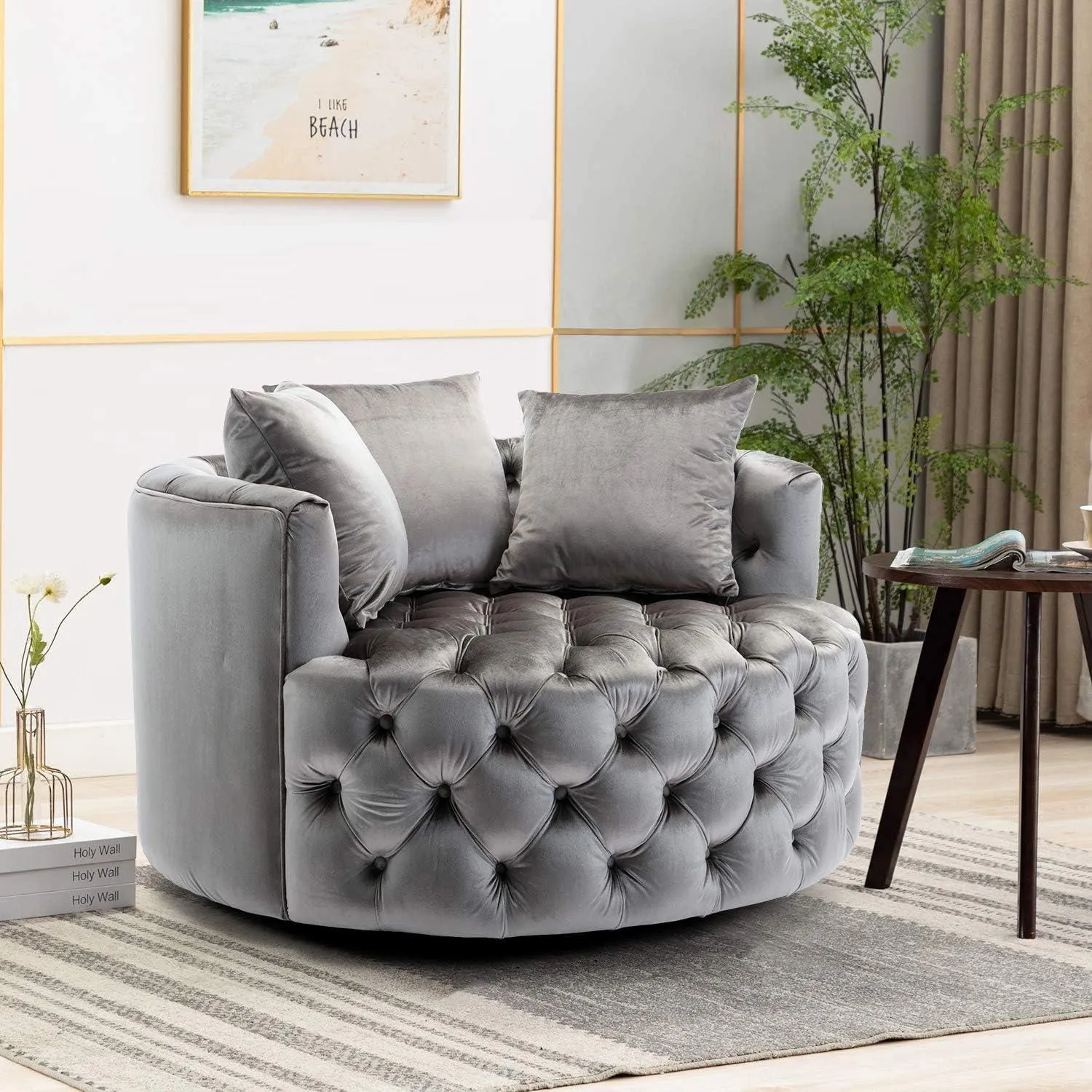 Wooden Twist Barrel Button Tufted Design Modern Round Sofa Cuddle Chair For Living Room with 3 Pillows