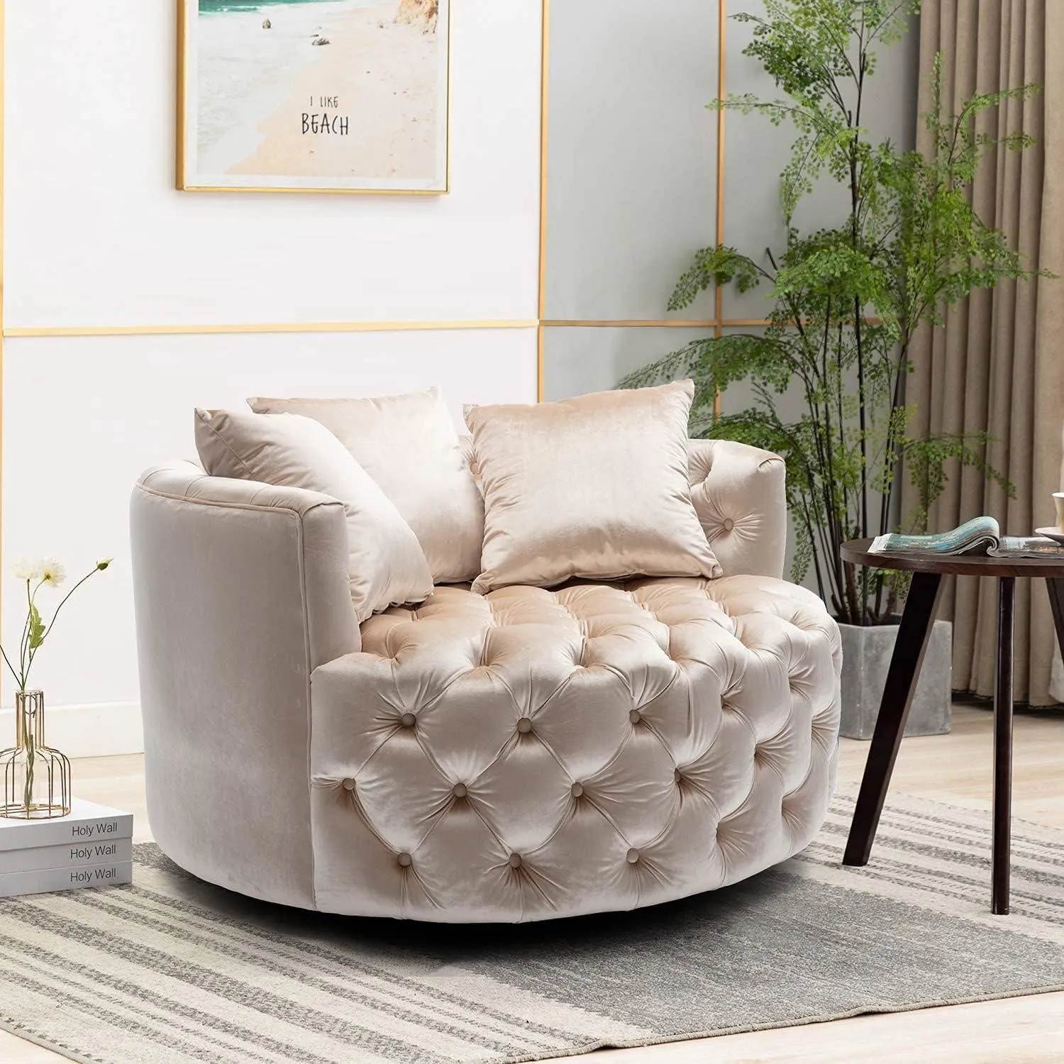 Wooden Twist Barrel Button Tufted Design Modern Round Sofa Cuddle Chair For Living Room with 3 Pillows