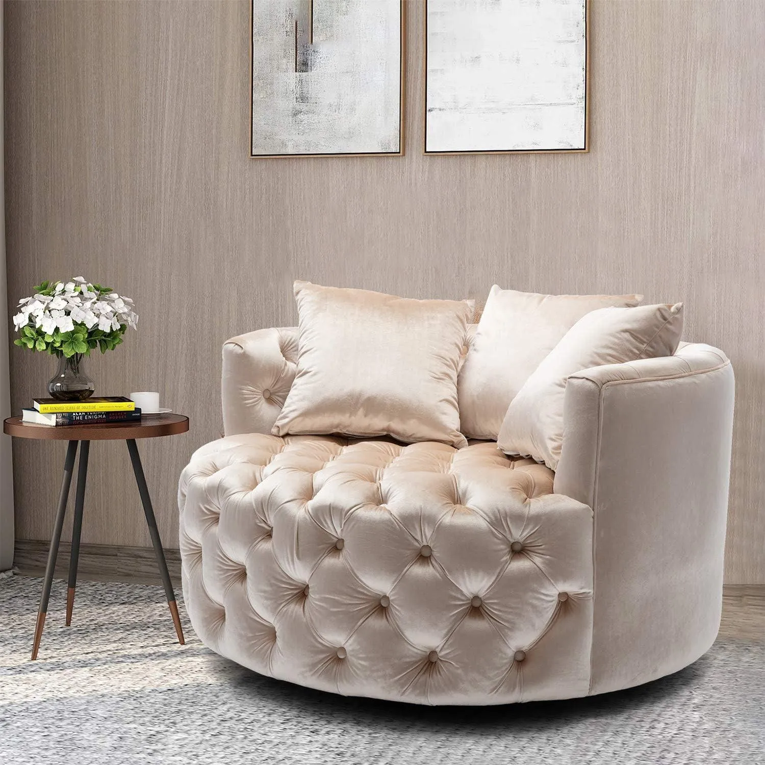 Wooden Twist Barrel Button Tufted Design Modern Round Sofa Cuddle Chair For Living Room with 3 Pillows