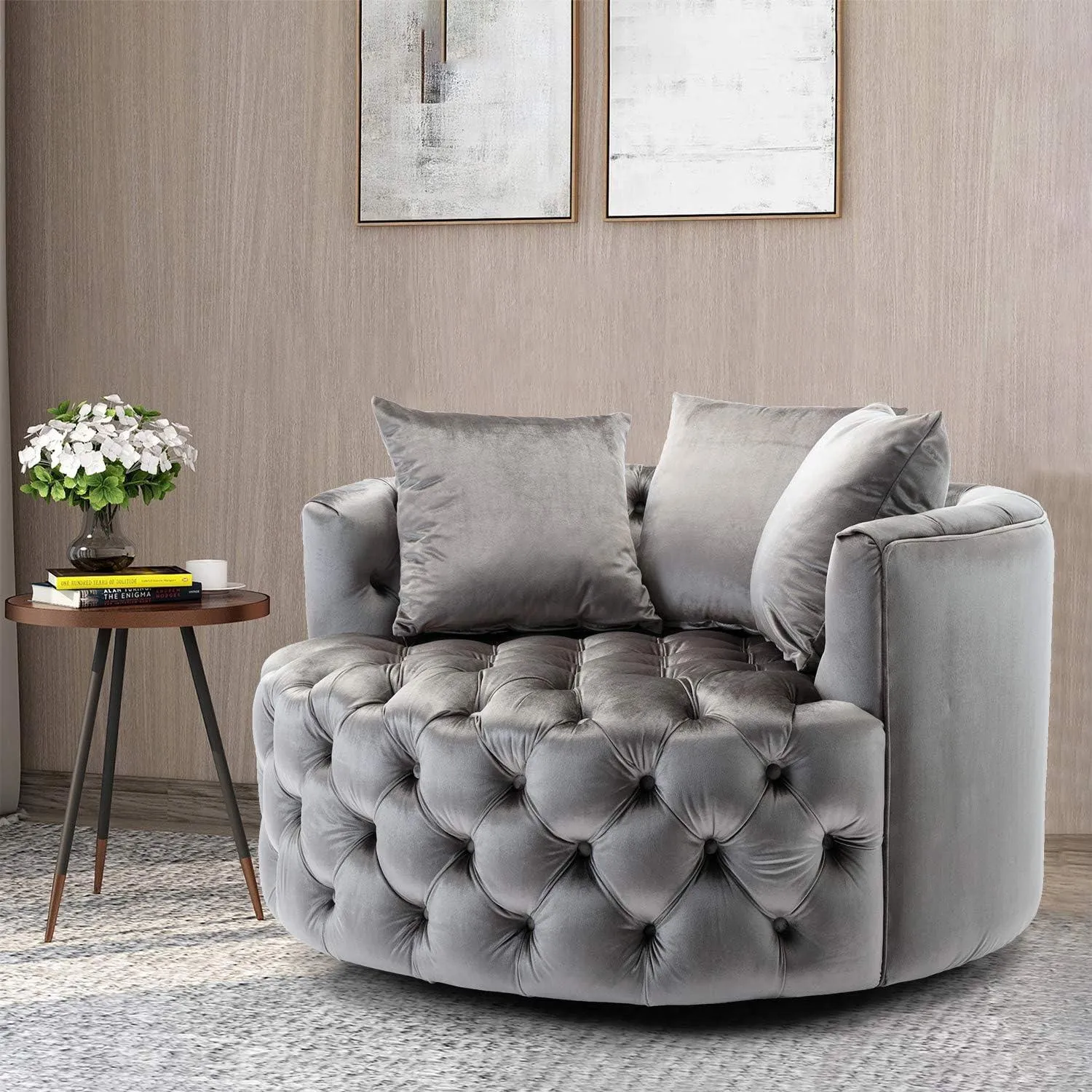 Wooden Twist Barrel Button Tufted Design Modern Round Sofa Cuddle Chair For Living Room with 3 Pillows