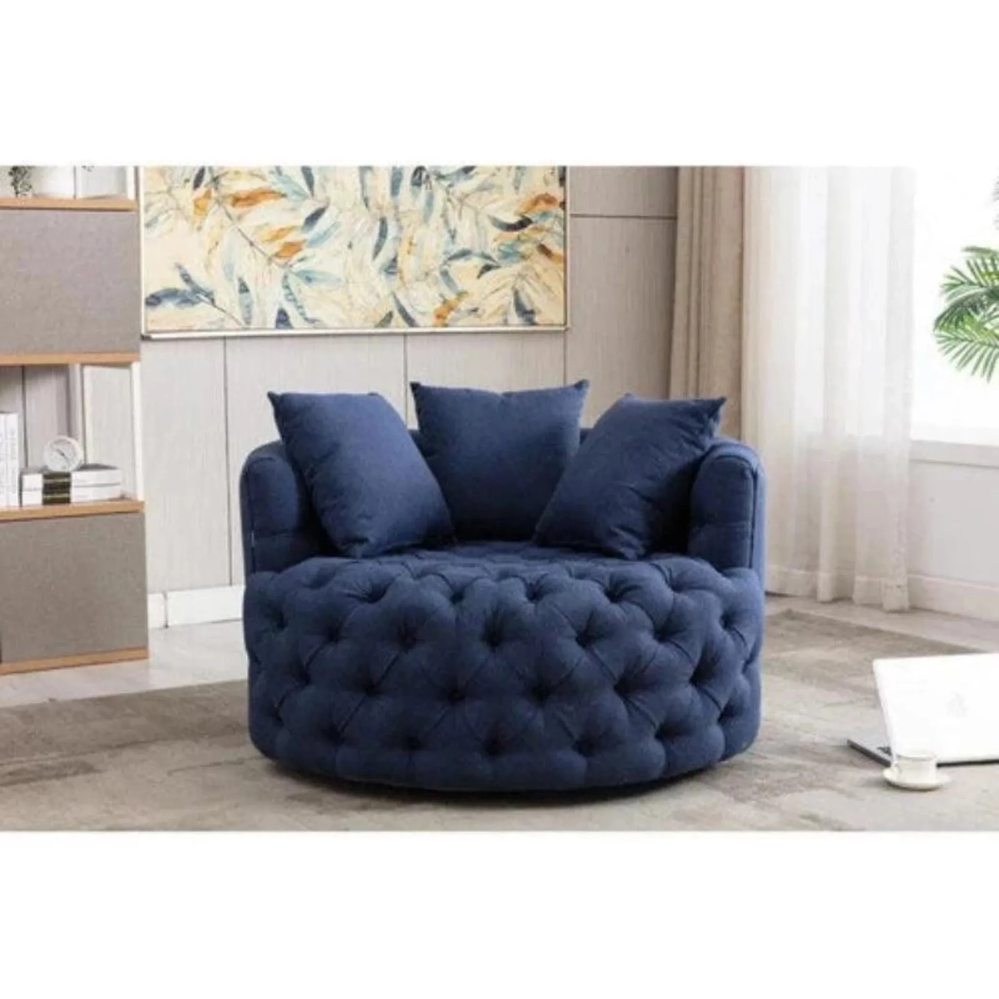 Wooden Twist Barrel Button Tufted Design Modern Round Sofa Cuddle Chair For Living Room with 3 Pillows